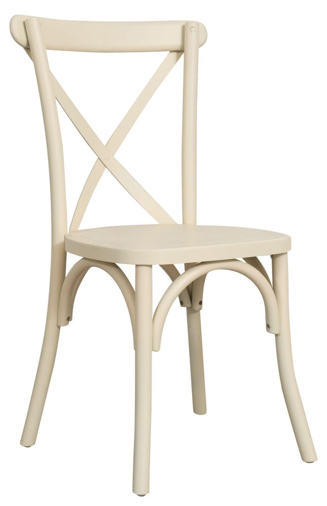 Stuhl Cross aus massiver Eiche, Sitzfläche aus Holz, weiß lackiert, stapelbar