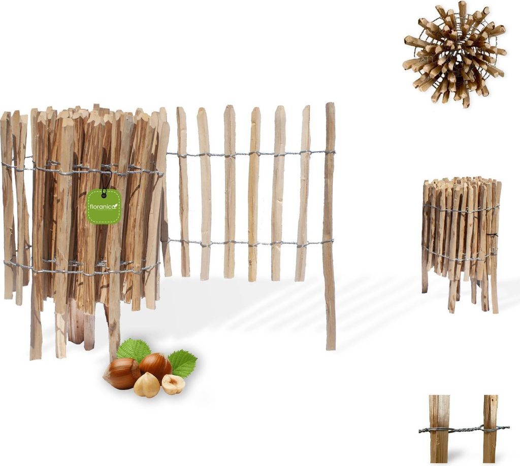 Floranica Staketenzaun aus Haselnuss mit Pfosten 50 cm hoch x 5 m Lattenabstand 8-10 Kastanie Gartenzaun Beeteinfassung Steckzaun Rollzaun