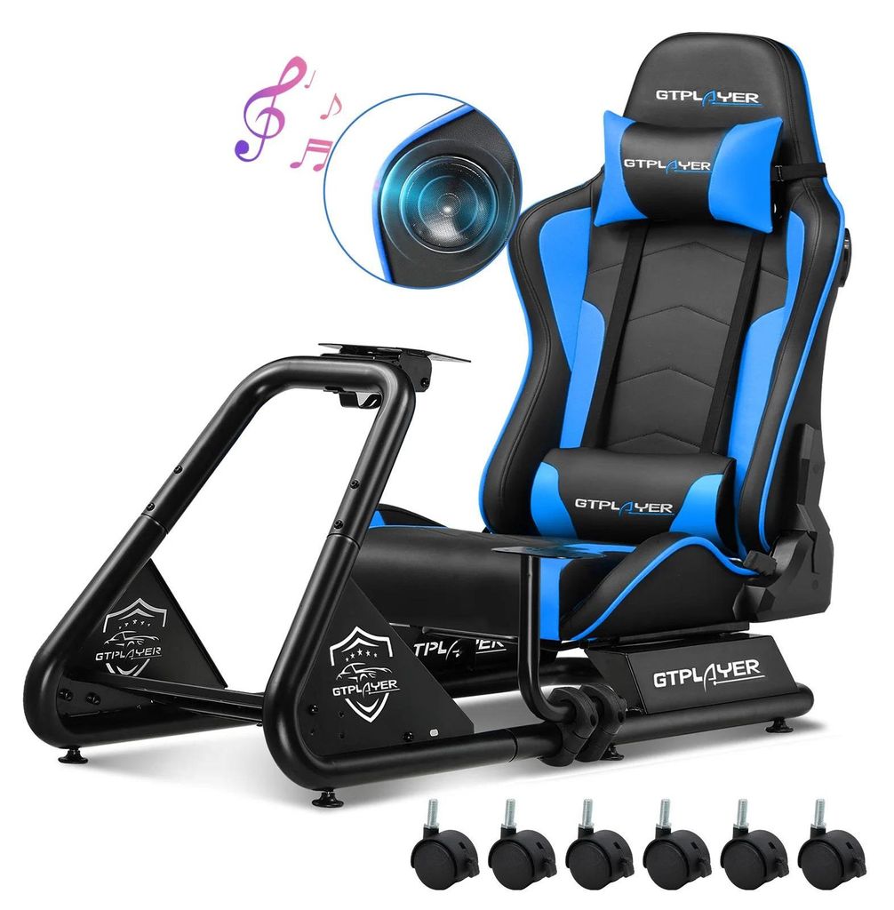 Rennsimulator Cockpit GTS03 - Lenkradständer mit Lautsprechern - Pedalhalterung - Klappbarer Kunstledersitz - Rückenlehnenverstellung - Mit Rolle...