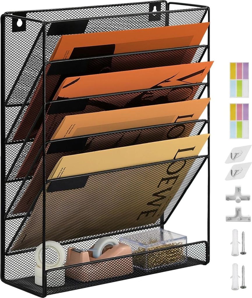 Magazinhalter Wall Magazine Mount Dokument A4 montiert 6 -stufige Hangregal -Dokumente Mesh Stoffspeicher