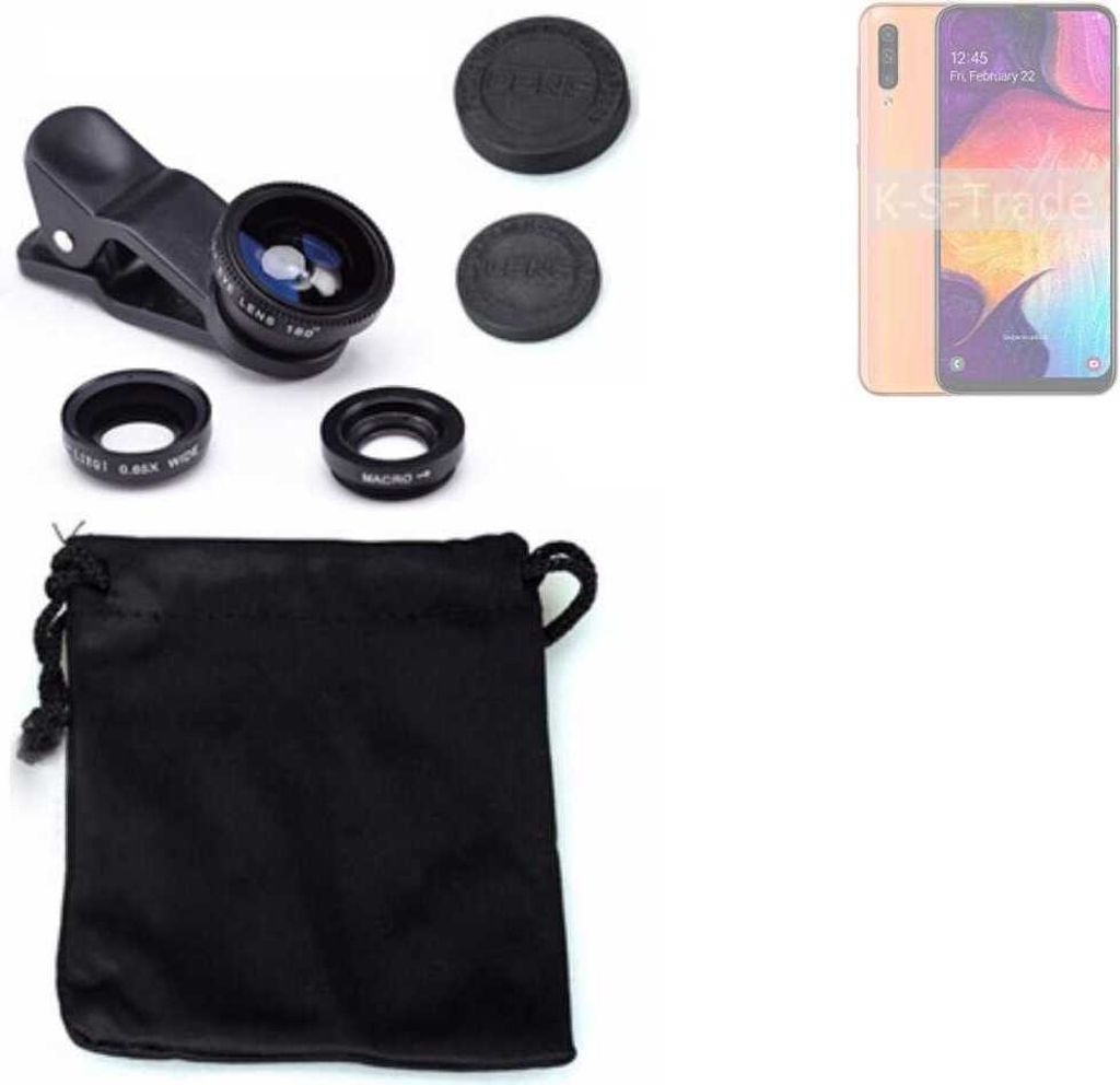 K-S-Trade Smartphone Kamera Linsen Set Kompatibel mit Samsung Galaxy A50 3in1 Clip-On Kamera Adapter Macro Weitwinkel FishEye Fischauge Objektiv Linse