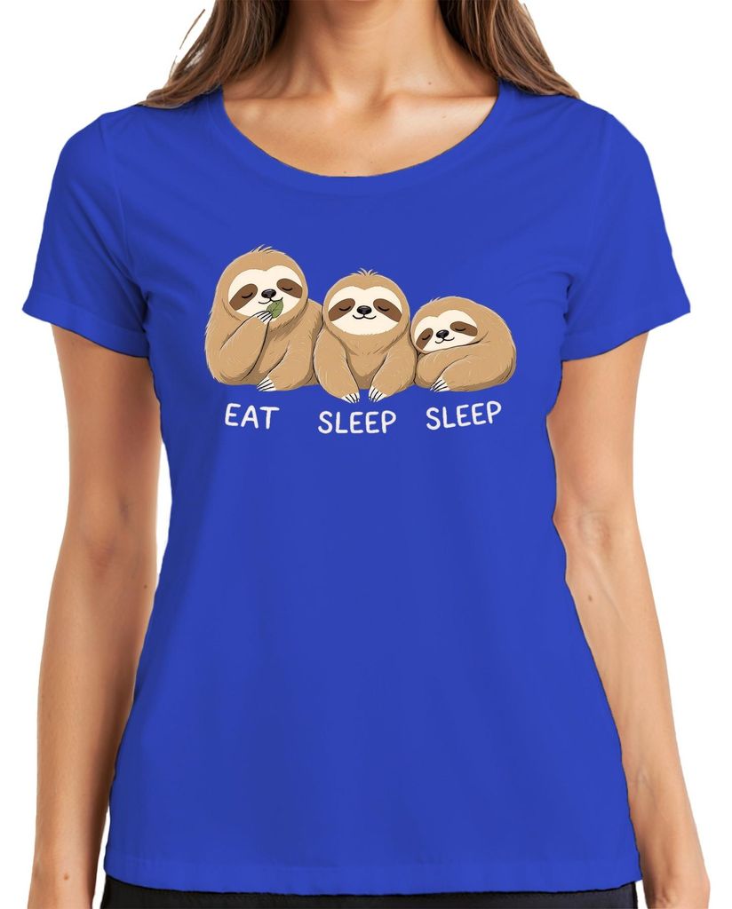 EAT SLEEP SLEEP Faultier drei süß entspannt Geschenk Geburtstag Damen T-Shirt, Blau, S