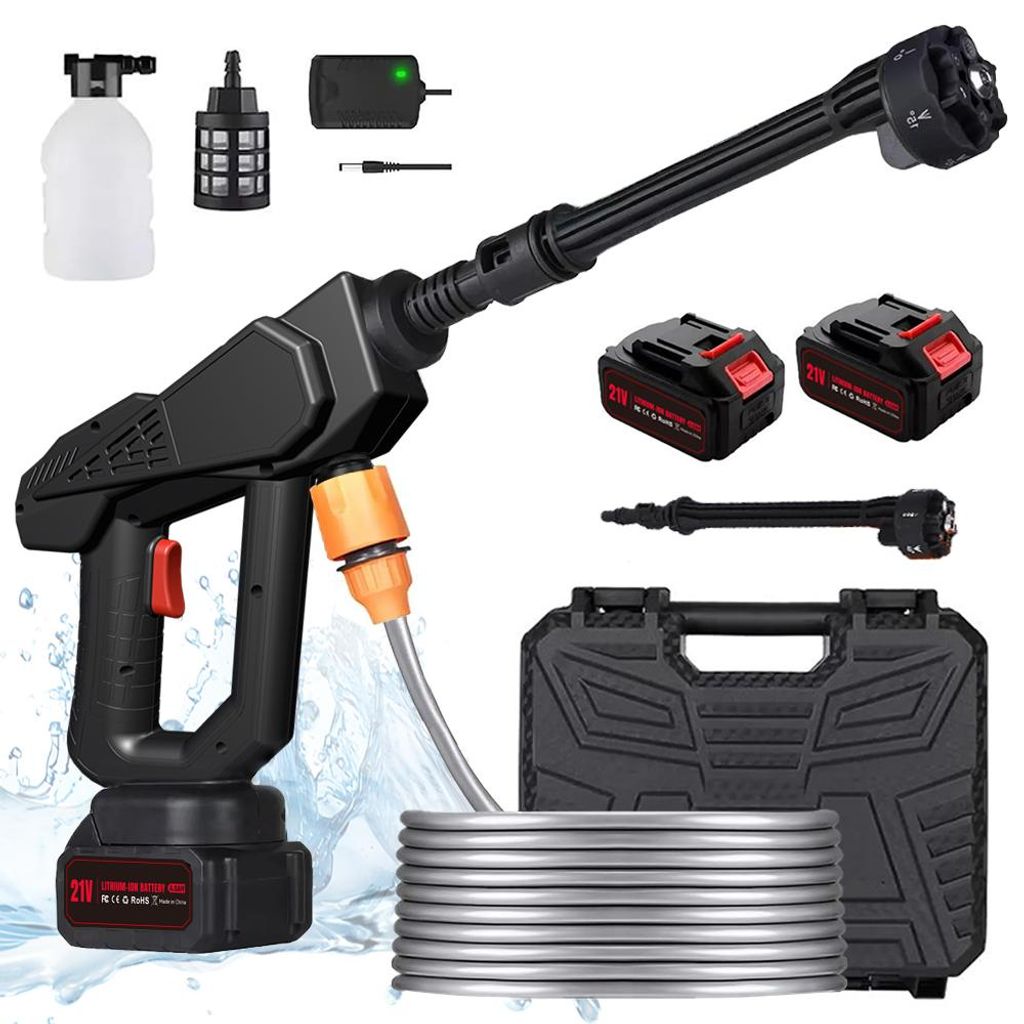Akku Hochdruckreiniger, Mobiler tragbare Hochdruckreinigungsmaschine, mit 2 Akkus, 6-in-1-Düse, 5 m Schlauch, für Auto, Terrasse, Garten, Zaun, Pool