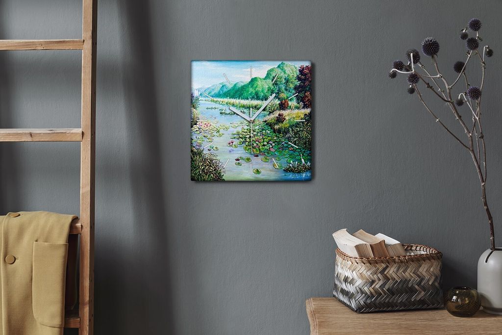 Coloray Hodiny Unikátní 30x30 cm Tiché hodiny Pro obývací pokoj a kuchyň Nástěnné hodiny Plátno Bílé ručičky hodin - Řeka Flower Tre...