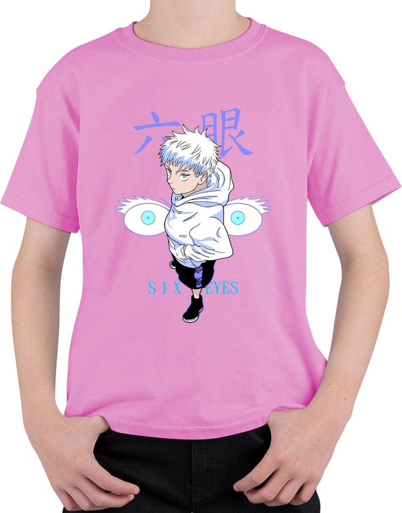 SIX EYES Anime Ästhetik Junge weiße Haare Manga Otaku Geschenk Uni Kinder T-Shirt, Pink, 152