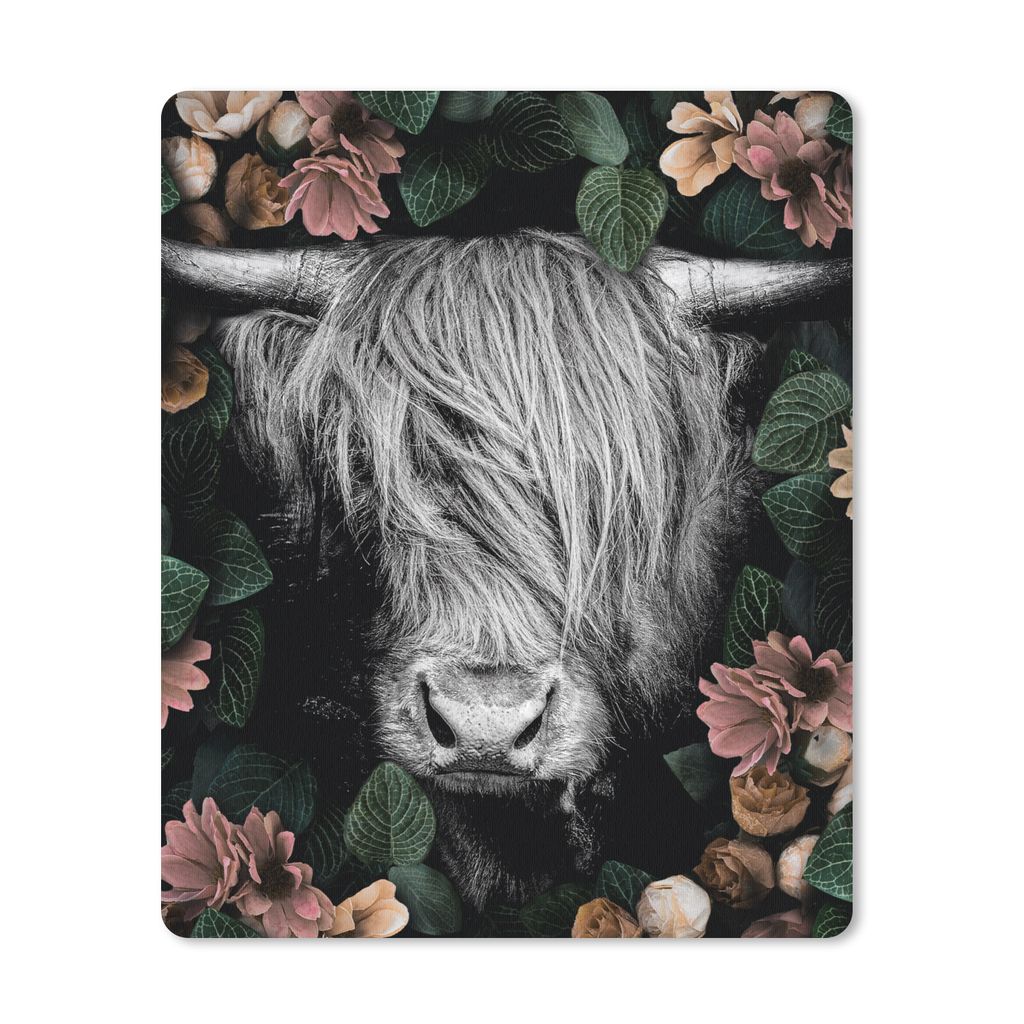 MuchoWow Mauspad Mousepad Schottischer Highlander - Blumen - Schwarz und weiß - Pflanzen - Dschungel 30x40 cm - Mousepads - Maus Mat - Pad - Mau...