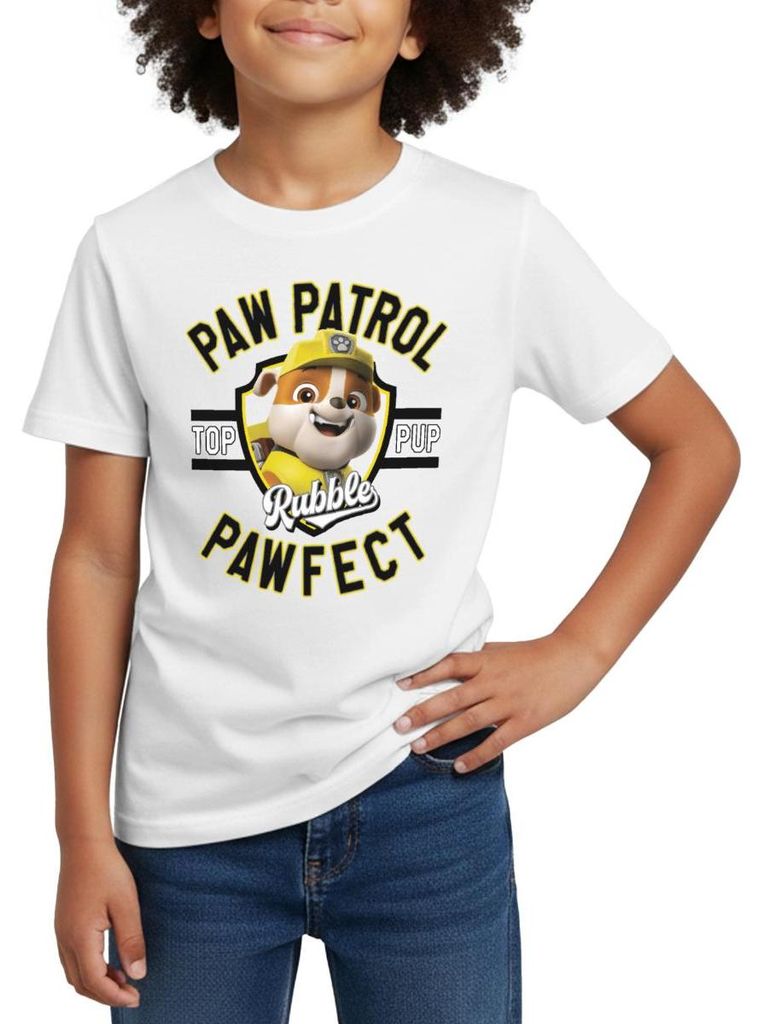 Spreadshirt Paw Patrol Rubble Pawfect Kinder T-Shirt, 122/128 (7-8 Jahre), Weiß