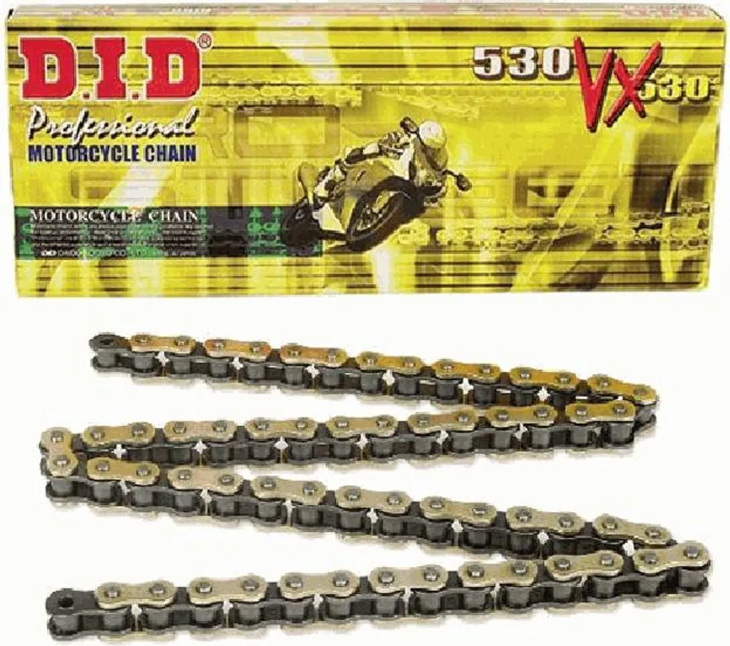Chaîne DID 530 VX 104 maillons dorée renforcée X-Ring pour moto
