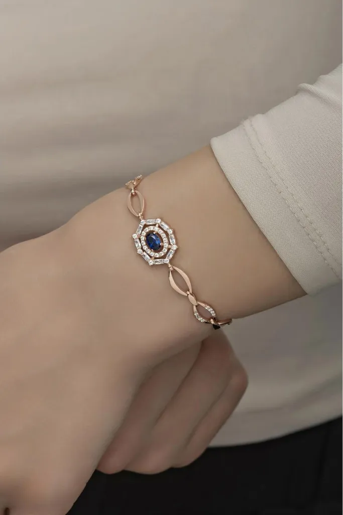 Bracelet Chaîne pour Femme en Argent 925 et Zircone Bleue Modèle Hallow
