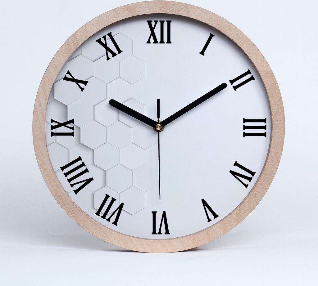 Holzuhr 30fi cm wanduhr - schwarze Spitzen - Hexagone Hintergrund