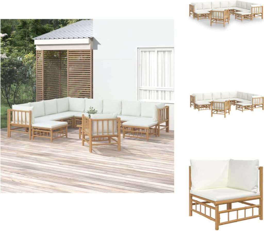 vidaXL 12-tlg. Garten-Lounge-Set mit Cremeweißen Kissen Bambus - Gartenmöbel-Sets