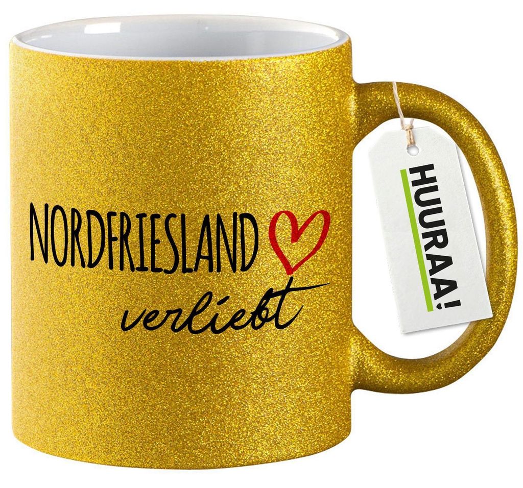 Huuraa Glitzertasse Nordfriesland verliebt 330ml Gold Keramik Kaffeebecher Geschenkidee