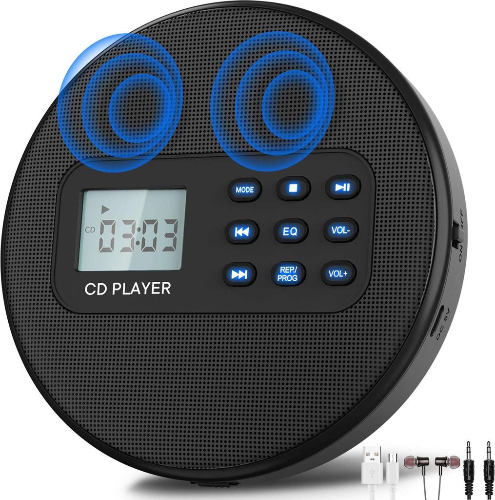 ZELURXX Tragbarer CD-Player mit Dual-Lautsprecher, MP3, LCD-Display, Kopfhörer, USB, tragbares Musikgerät, RCA, 5V, für Amazon, Schwarz