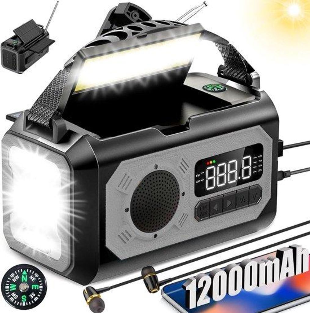Notemachine - Notemachine's - Handgeklapte Notemachine - 12000mAh 2 Solarpanelen, SonnenSolar Handkraan AM/FM, 3 Ladearten, USB-Kabel, SOS-Alarm, L...