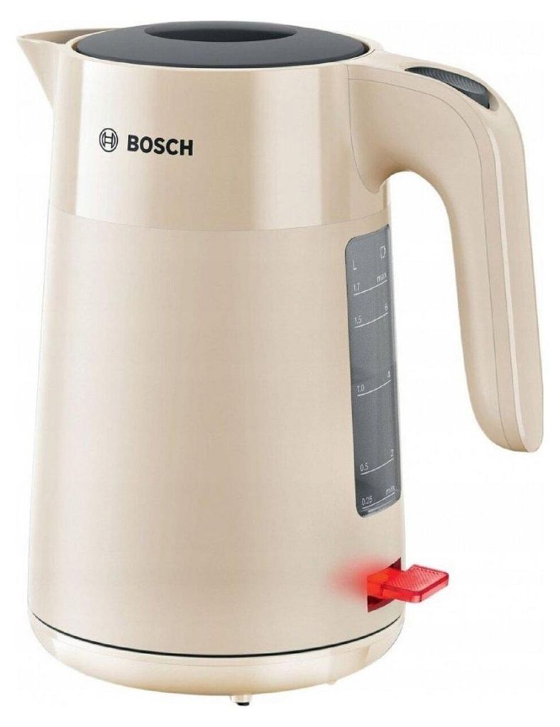 A studio shot of a beige electric kettle.