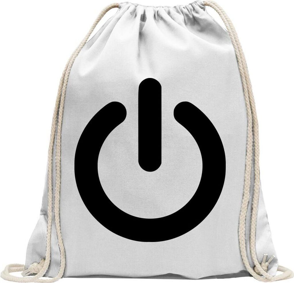 Kiwistar - Turnbeutel - weiss - Power ON - An - u. Ausschalter - Fun Rucksack Sport Beutel Gymsack Baumwolle mit Ziehgurt