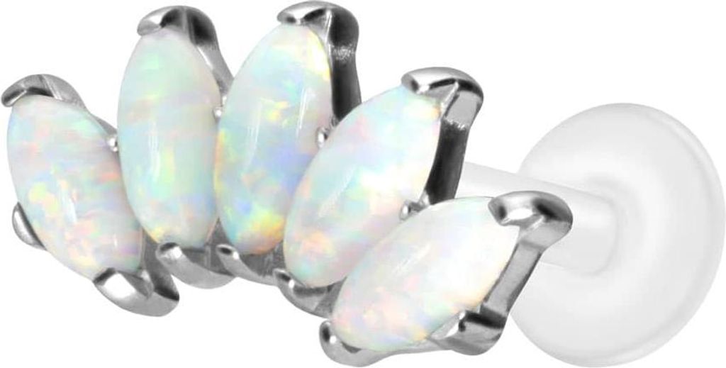 Ohrpiercing, Nasenpiercing PTFE Labret mit Innengewinde + Titan-Aufsatz BOGEN + SYNTHETISCHE OPALE Silber Stablänge: 8mm | Stabstärke: 1,2mm