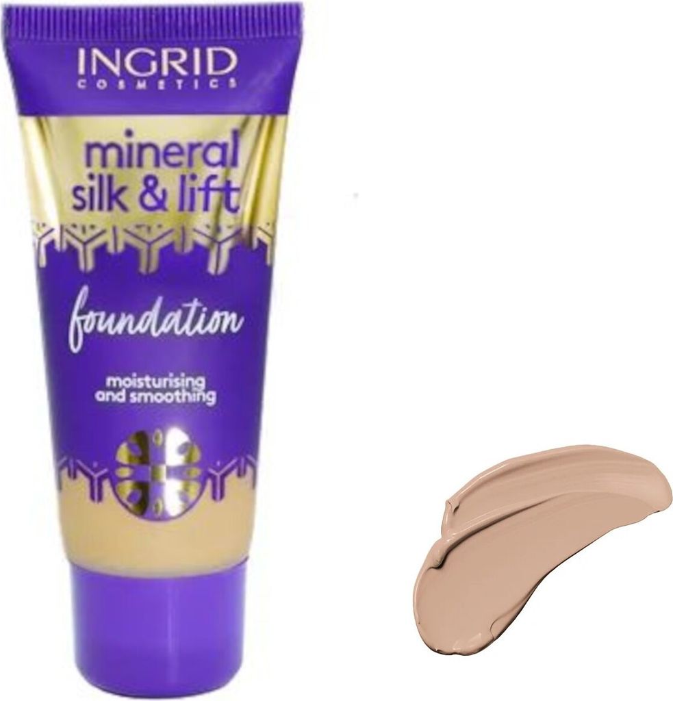 A tube of Ingrid Cosmetics Mineral Foundation Silk and Lift is shown next to a swatch of the foundation color.