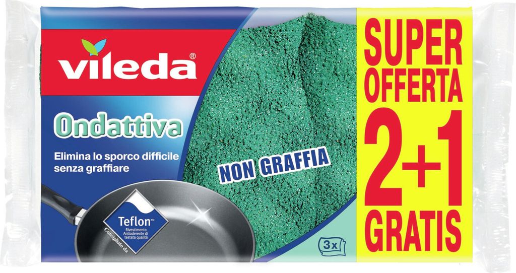 Product packaging for Vileda cleaning sponges, featuring promotional text and an image of the product.