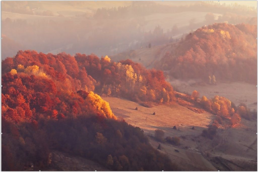 Wallario Wandbild Herbstliche Berggipfel im Morgenlicht, Größe: 61 x 91,5 cm, Poster mit rahmenlosen Bildhalter