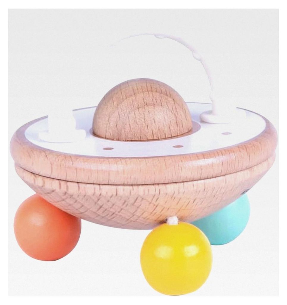 UFO Baby Rassel mit Beißring aus lebensmittelechtem Silikon - Holzspielzeug für Jungen und Mädchen | Spielzeug ab 6 Monaten | Greifling aus Teeb...