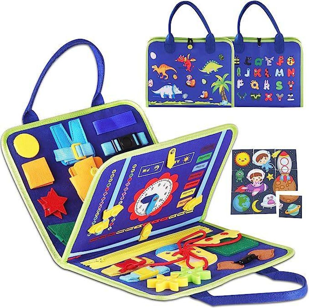 Lernspielzeug Filz Busy Board für Kinder, Motorikbrett, multifunktional, Reise-Spielzeug, Dinosaurier (3 Seiten)