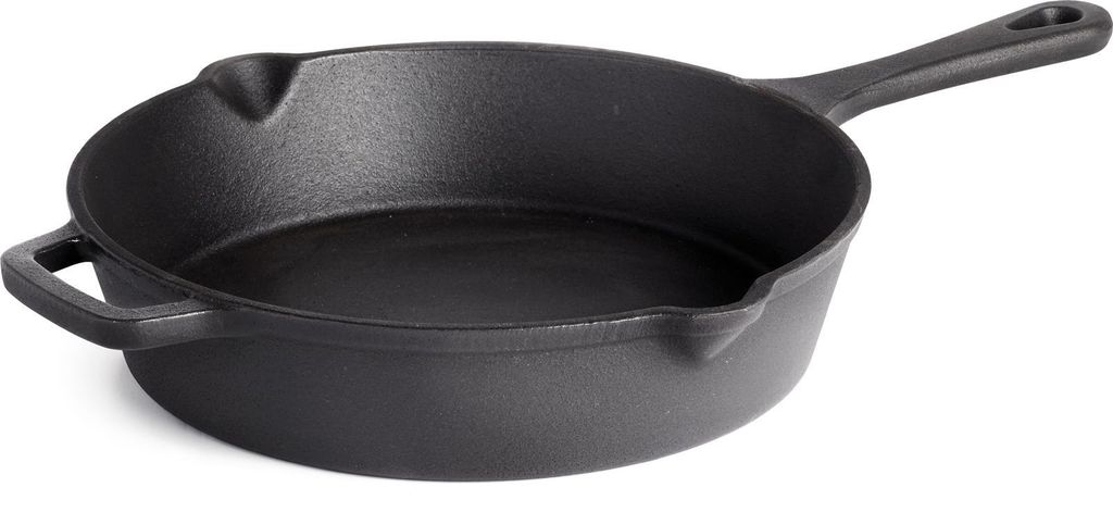 A black cast iron frying pan is shown from a slightly elevated side angle against a white background.