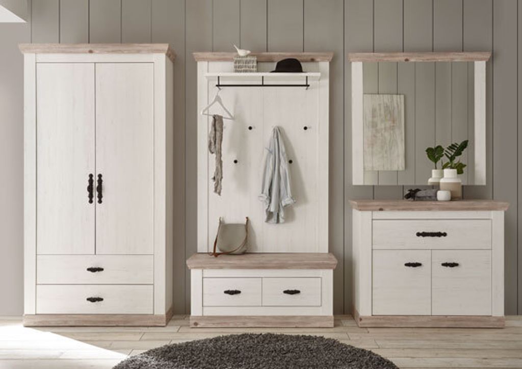 Garderobe Florenz 321cm pinie weiß oslo pinie Sitzbank Kleiderschrank Kommode