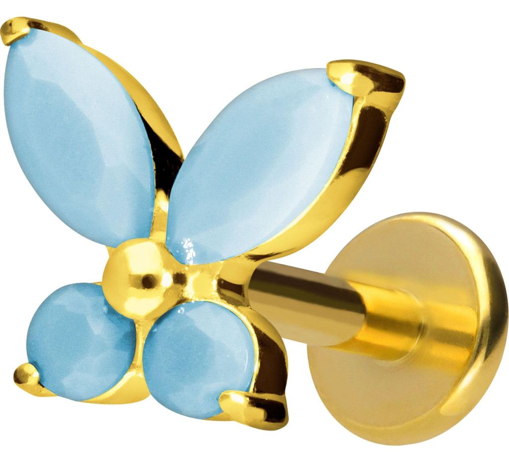 Ohrpiercing, Nasenpiercing Titan Labret mit Innengewinde SCHMETTERLING + SYNTHETISCHE TÜRKISE Gold Stablänge: 10mm | Stabstärke: 1,2mm
