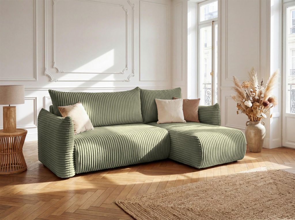 Ecksofa Schlafsofa MAILAND XS in Stoff Tilia Olivgrün Ottomane Rechts