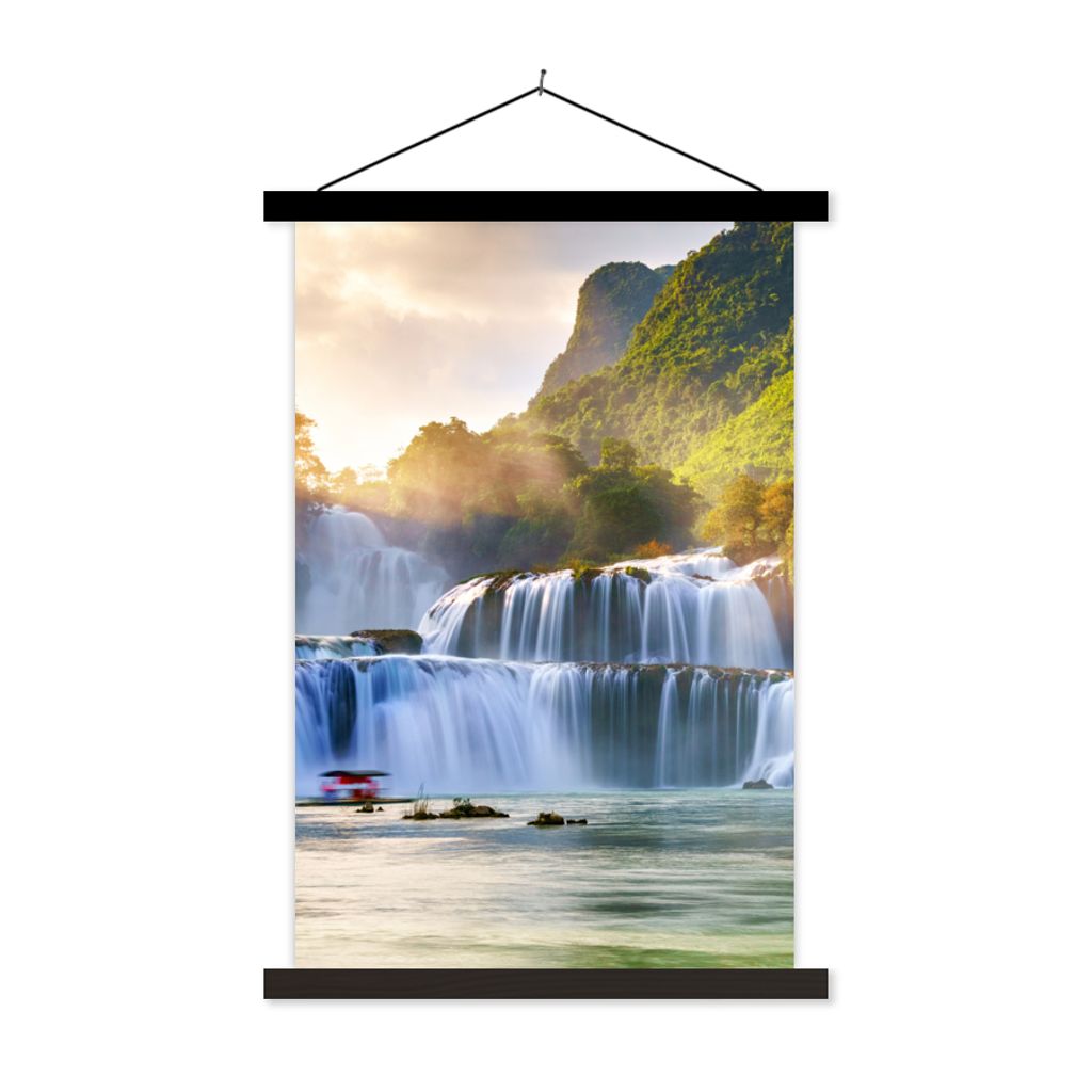 MuchoWow Textilposter Wasserfall - Pflanzen - Sonne - Wasser - Natur 60x90 cm mit schwarzem Rahmen - Poster Wohnzimmer