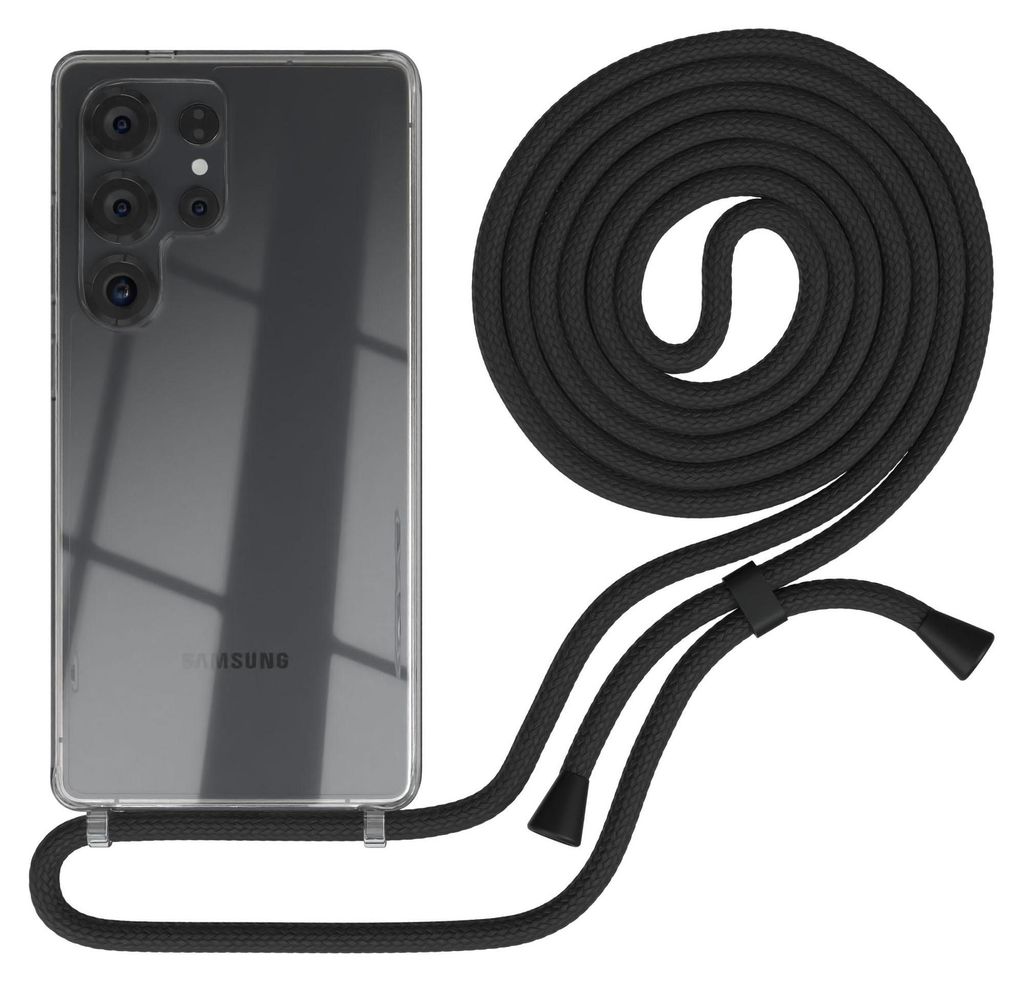 A smartphone with a clear case and a black lanyard is displayed against a white background.