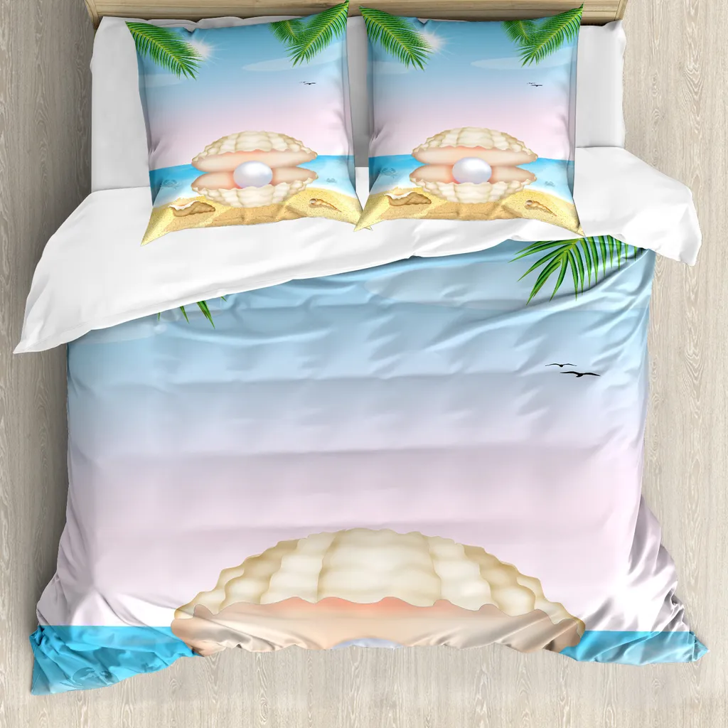 ABAKUHAUS Pearls Copripiumino, Shell su Sandy Beach, antiacaro, adatto a chi soffre di allergie, con federe, 155 cm x 220 cm - 80 x 80 cm, crema blu