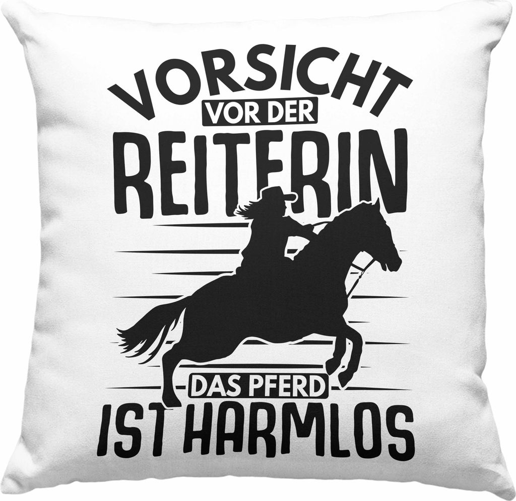 Trendation - Lustige Reiter Sprüche Geschenk Deko-Kissen mit Füllung 40x40 Reiterin Pferde Mädchen Geschenkidee Vorsicht Vor Der Reiterin (Grau)