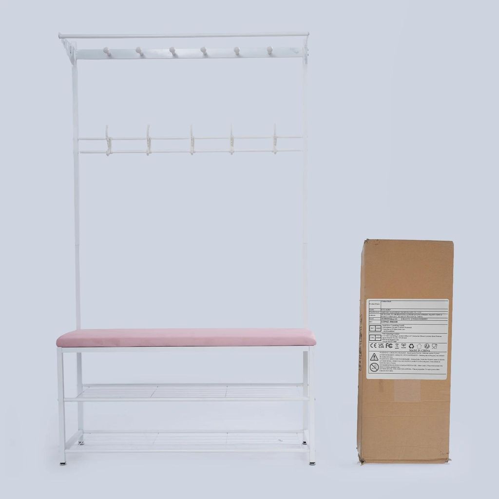 Eingangsmöbel - Garderobe mit Sitzbank - 100 cm - 6 Haken - Offenes Schuhregal - Gepolsterte Sitzfläche 4 cm - Metallrahmen 100 kg - Platzsparend...