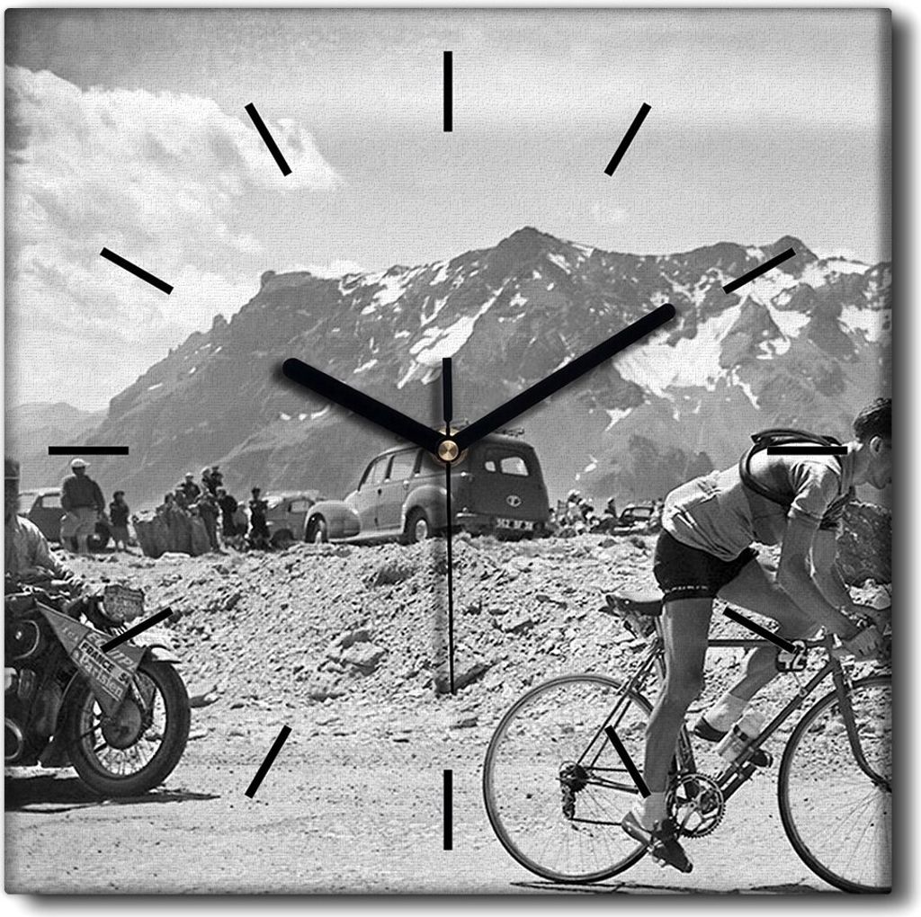 Coloray Uhr auf Leinwand 30x30 cm Wand Uhr Dekoration Wohnzimmer Segeltuch schwarze Hände -Tour de France Vintage