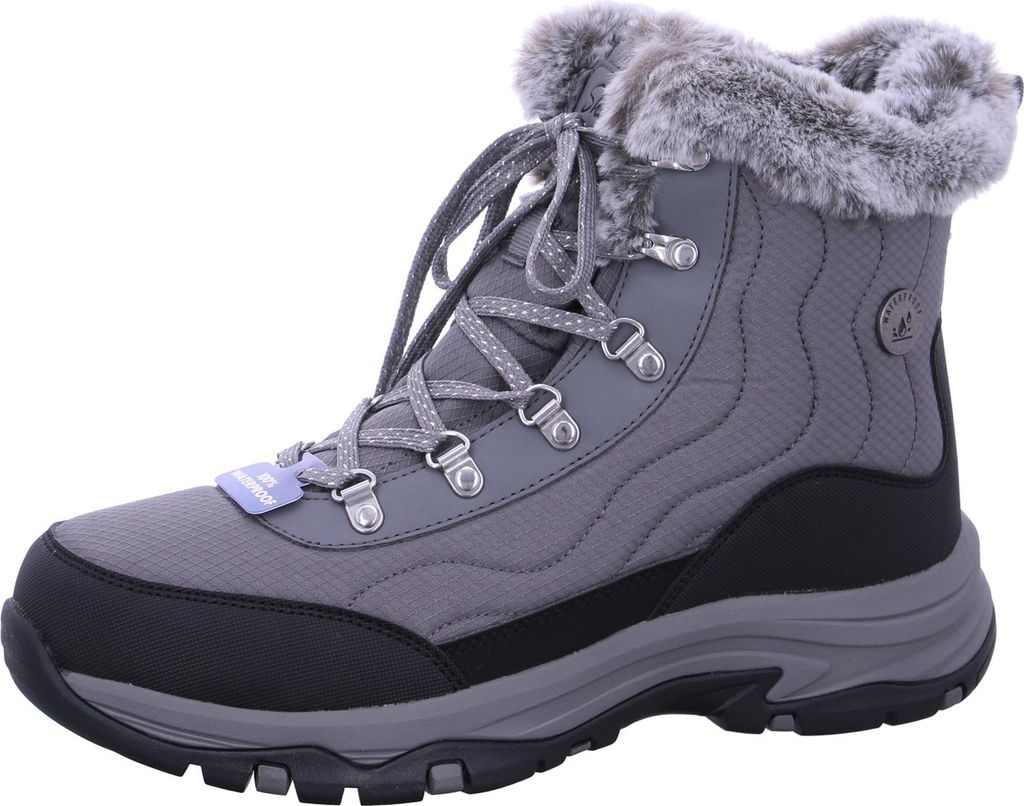 A single gray winter boot with faux fur trim is shown against a white background.