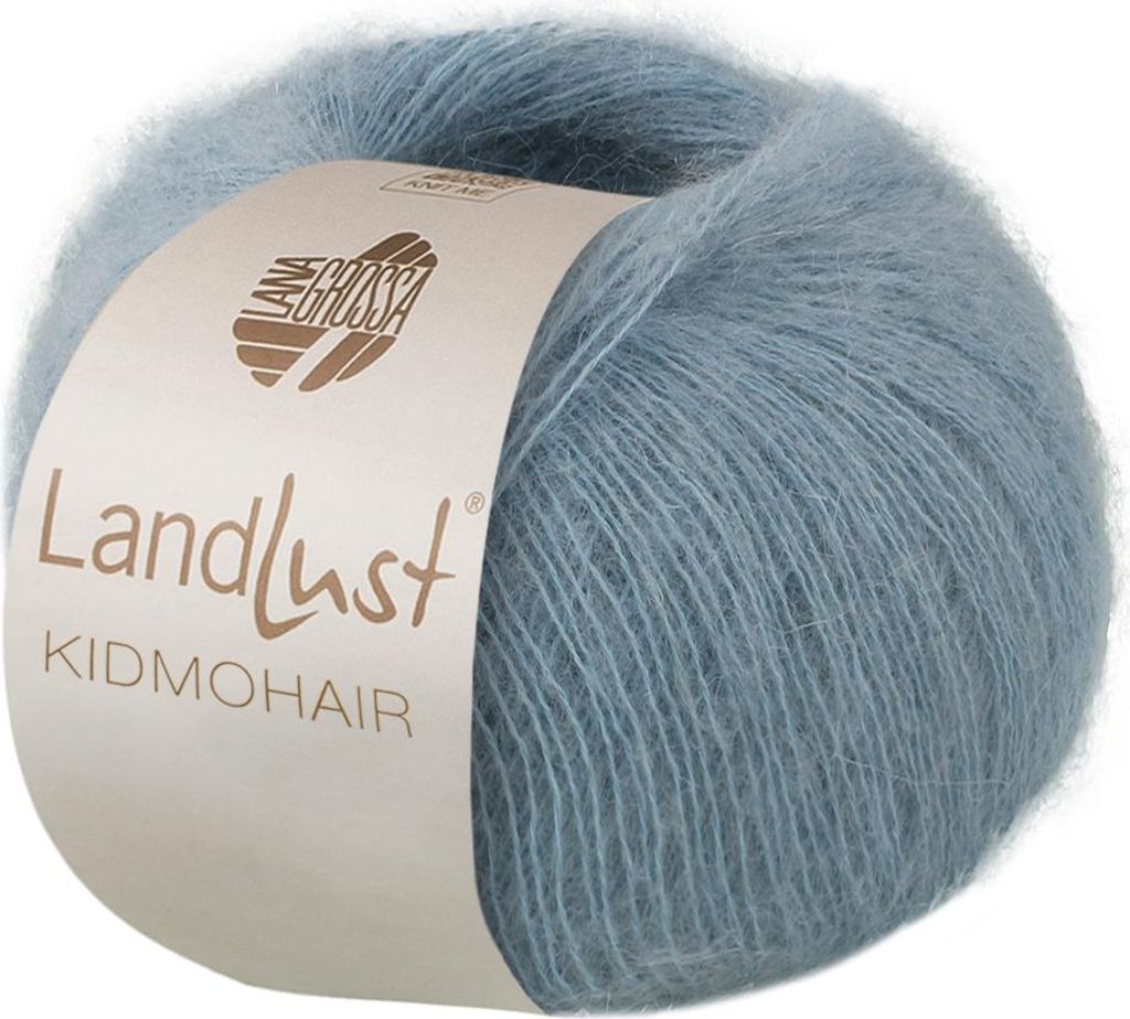 A ball of light blue, fluffy yarn with a label attached.