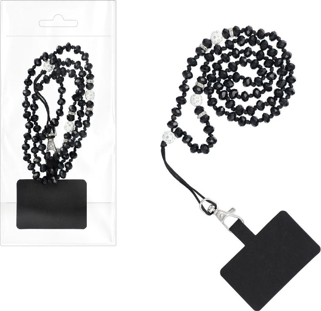 Emiro Handykette Kristall Umhängekette für Huawei Nova 8i , Nova 9 , Nova 9 SE 74cm lang schwarz plastik kristalle + Emiro Pad