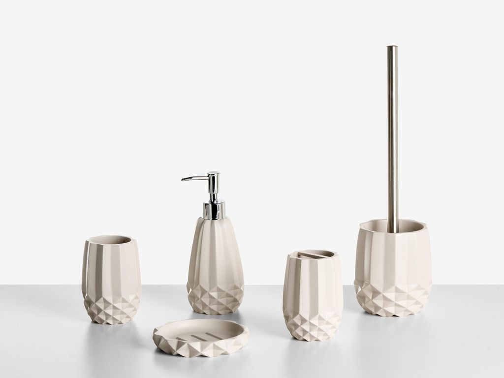 BELIANI Badezimmer Set 5-Teilig Beige Kunstharz Strukturiert Modern Seifenschale Seifenspender Zahnbürstenhalter Toilettenbürste Becher Bad-Zubehör