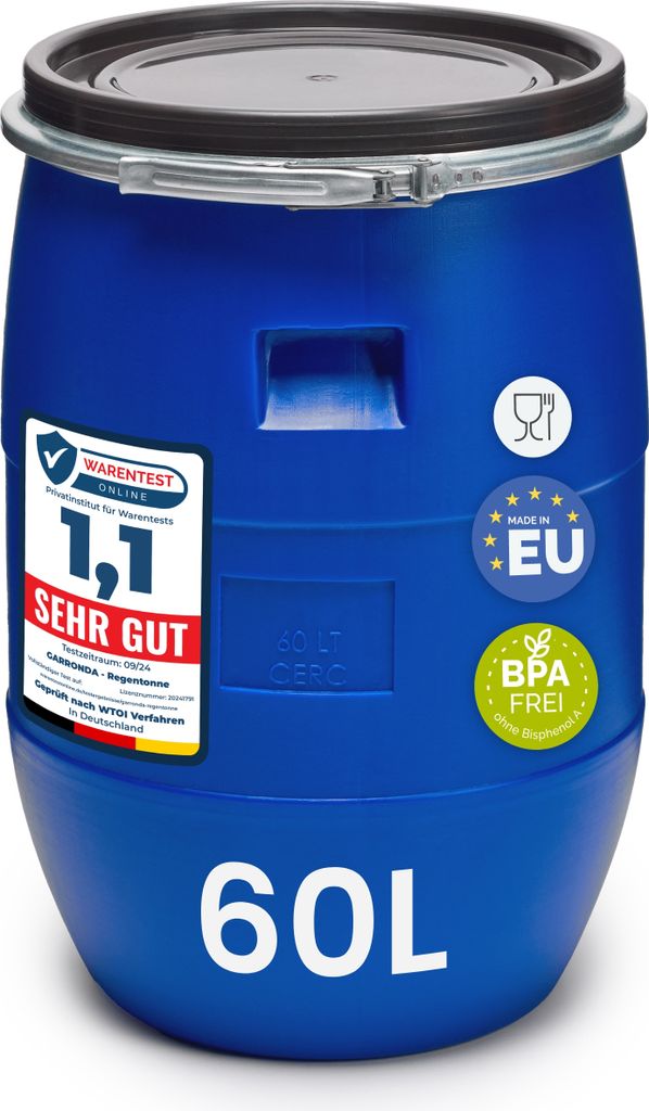 A blue 60-liter plastic barrel with various labels and certifications.