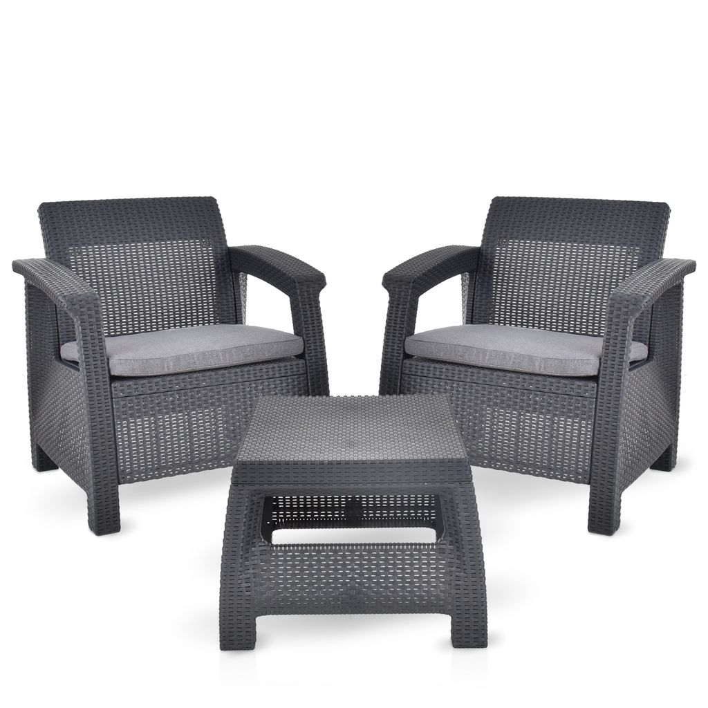 HECHT SIERRA Garten Möbel Set mit Kissen | Polyrattan | Wetterfest | 2 Sessel + 1 Tisch | Sitzgruppe Lounge Set