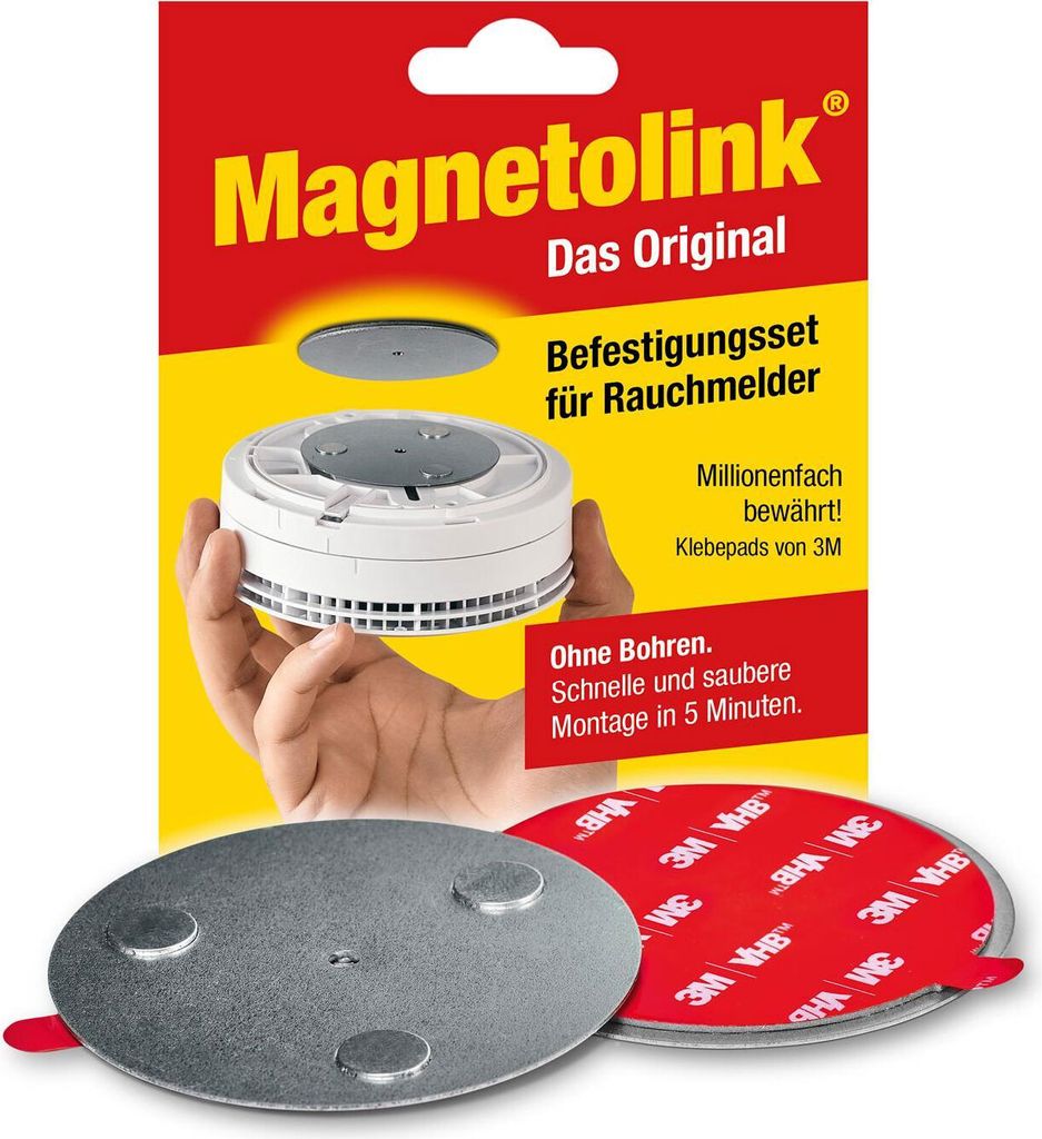 Magnetolink, Magnetbefestigungsset für Rauchmelder, Werkzeugfreie Montage mit 3M-Klebepads, Magnethalterung zur sicheren Befestigung ohne Bohren f...