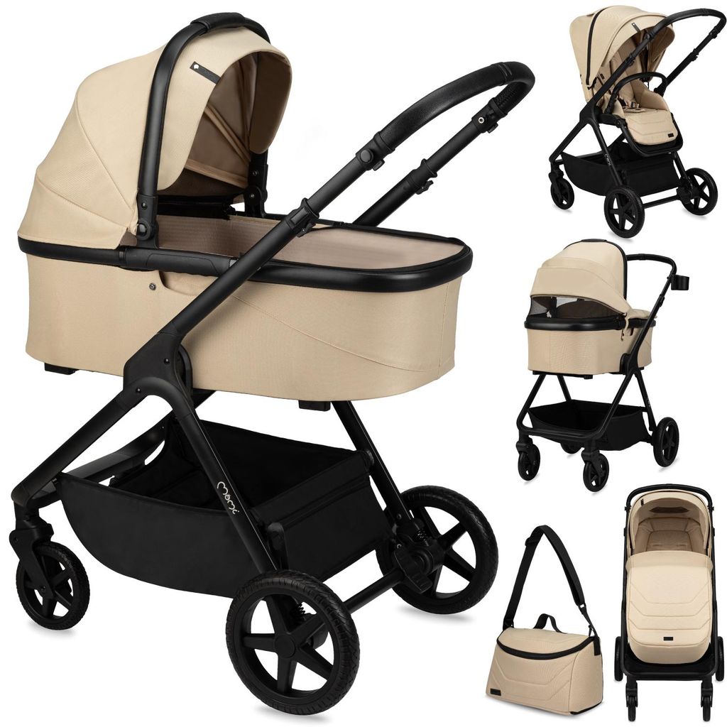MoMi GISELLE – 2-in-1 Kombikinderwagen mit umkehrbarem Sitz, verstellbar, inkl. Zubehör, XL-Dach & Wickeltasche – Beige