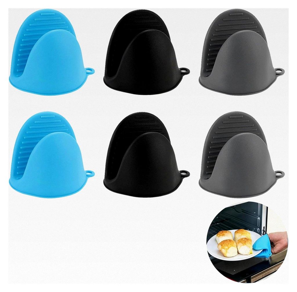3 Paar Mini Silikon Ofenhandschuhe, hitzebeständig, rutschfest und lebensmittelecht für Backen und Kochen, Farben: Blau, Grau, Tiefes Grau