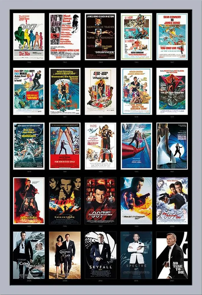 Quadro James Bond 007 Completo: Poster 25 Movie e Cornice 61x91,5 cm