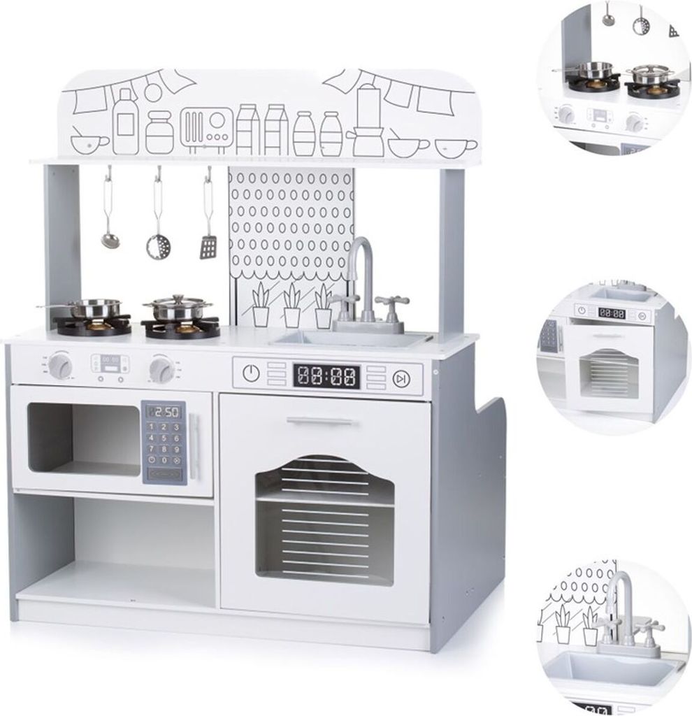 Chipolino Kinderküche 2 in 1 Tisch, Hocker, Küchenutensilien, Töpfe, Mikrowelle weiß