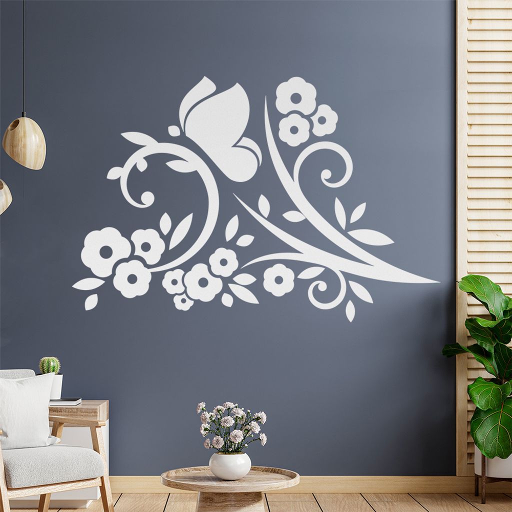 Falter Schmetterling Blüte Wandtattoo in 6 Größen - Wandaufkleber Wall Sticker - Dekoration, Küche, Wohnzimmer, Schlafzimmer, Badezimmer