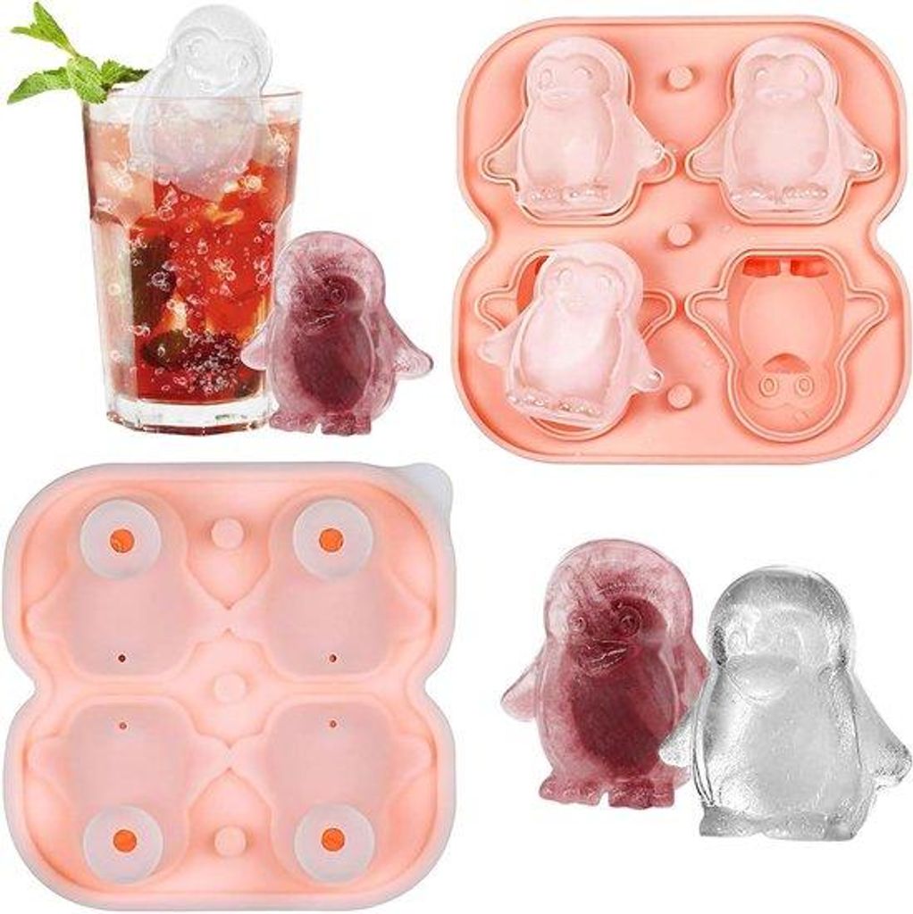 Silikonische Eiswürfel für Eis, Whiskey, Cocktail - amüsante 3D-Pinguin-Form - wiederholbar - mit Deckel und Schüssel - 4 Stück