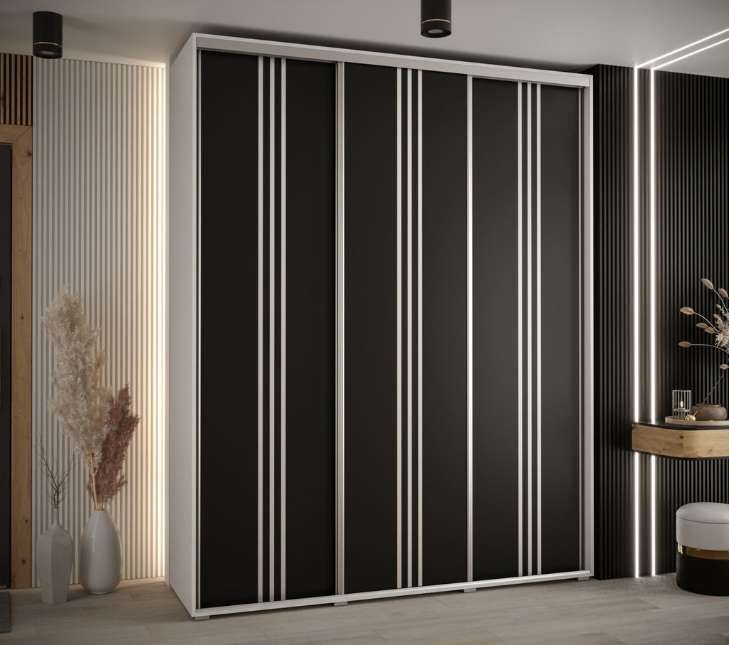 Kleiderschrank ASIRI 6 – 200/60 cm, weiß/schwarz/silber